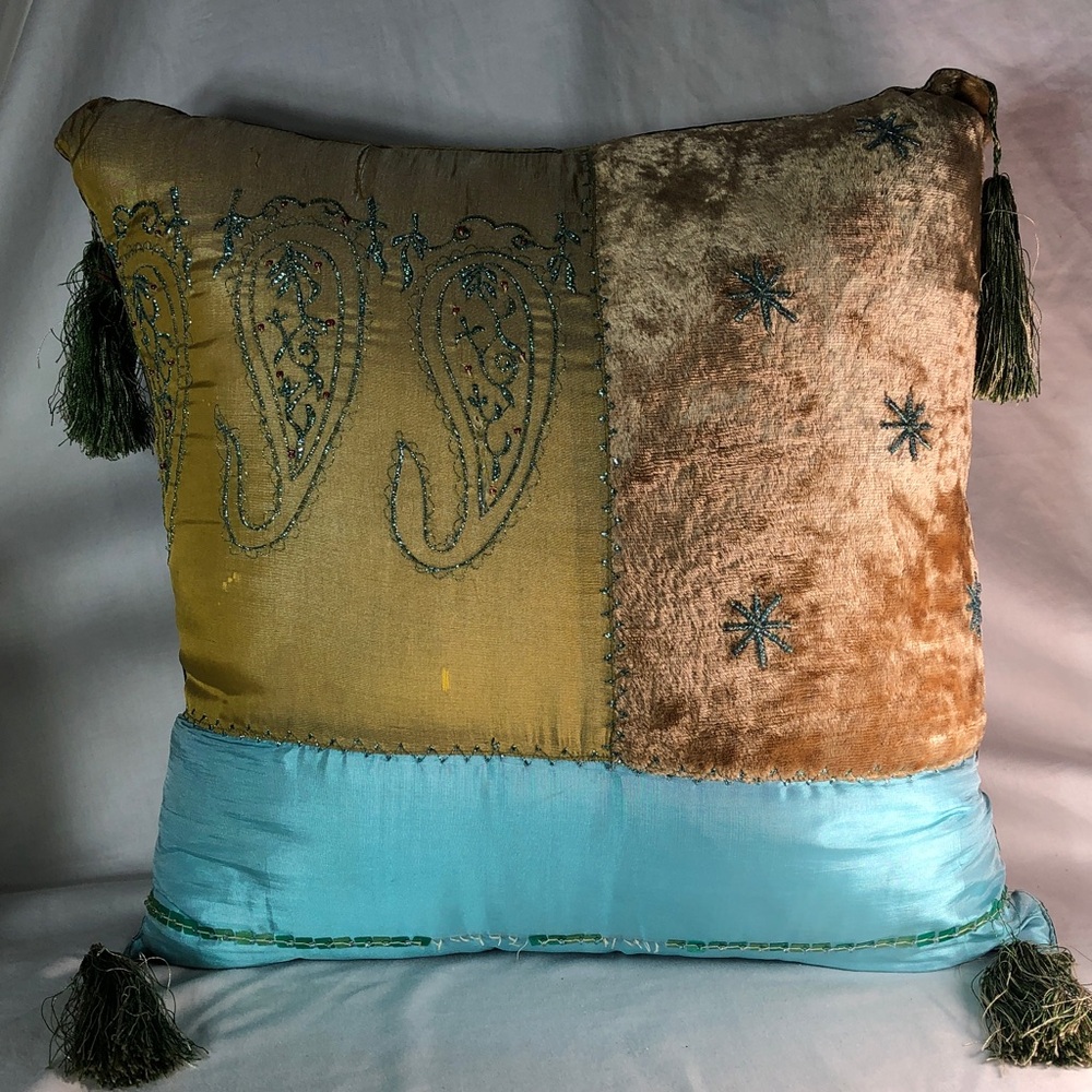 Artist Created by Hand Patchwork Decorative Silk & Velvet Embroidered Pillow